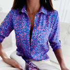 Tiffany | Women's Collared Printed Blouse, Classic Button-Up Top | Direct Attire | Purple red letters