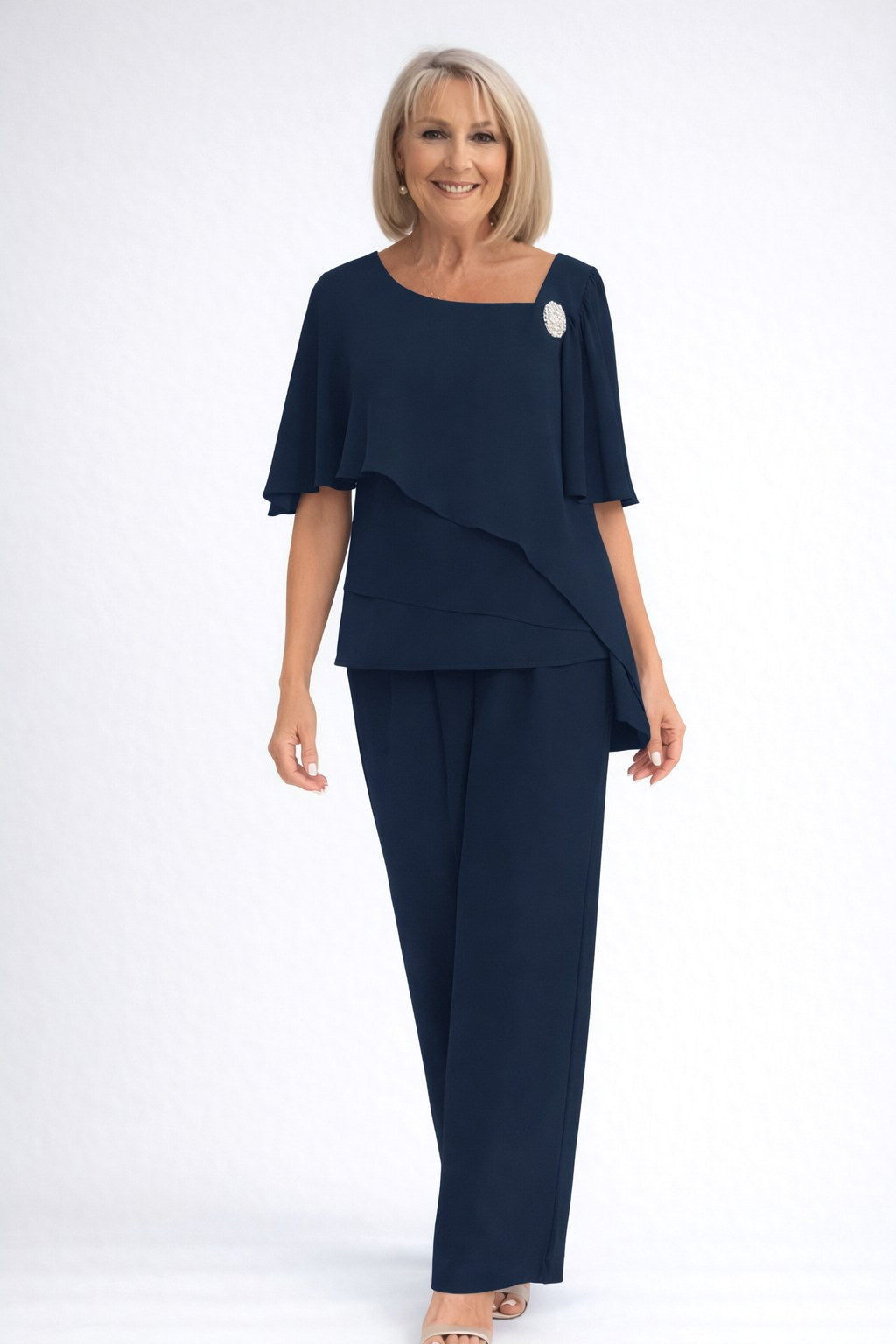 Vivienne | Women's Chiffon Cape Two-Piece Set, Coordinated Summer Outfit for Holidays and Casual Wear, Coordinated Summer Outfit for Holidays and Casual Wear - Navy Blue