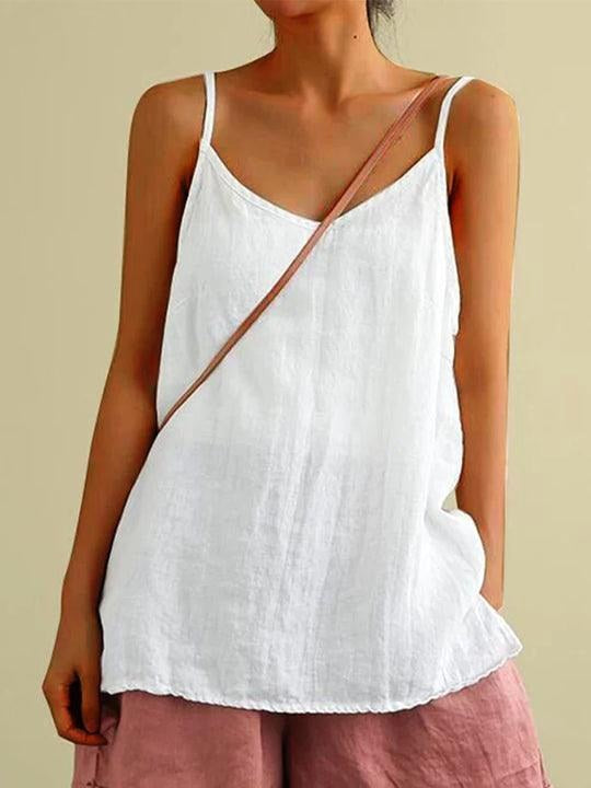 Willow | Women's Linen V-Neck Spaghetti Strap Cami Top, Lightweight Summer Top for Holidays and Casual Wear, Lightweight Summer Top for Holidays and Casual Wear - White