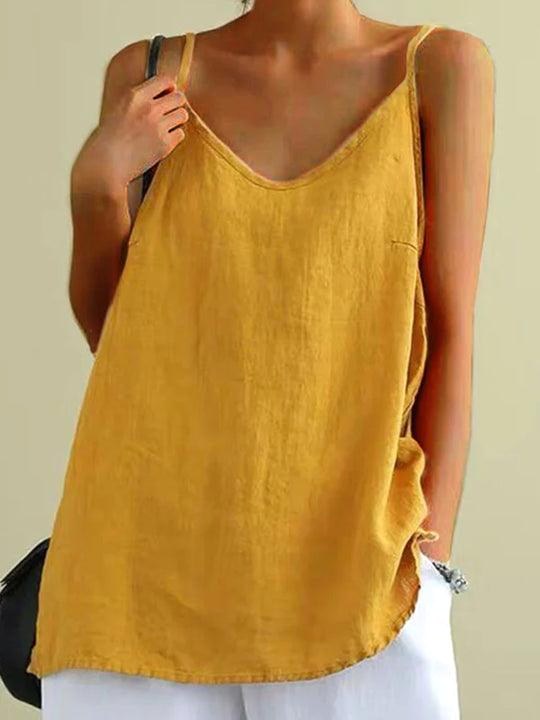 Willow | Women's Linen V-Neck Spaghetti Strap Cami Top, Lightweight Summer Top for Holidays and Casual Wear, Lightweight Summer Top for Holidays and Casual Wear - Yellow