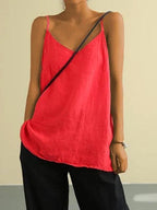 Willow | Women's Linen V-Neck Spaghetti Strap Cami Top, Lightweight Summer Top for Holidays and Casual Wear, Lightweight Summer Top for Holidays and Casual Wear - Red