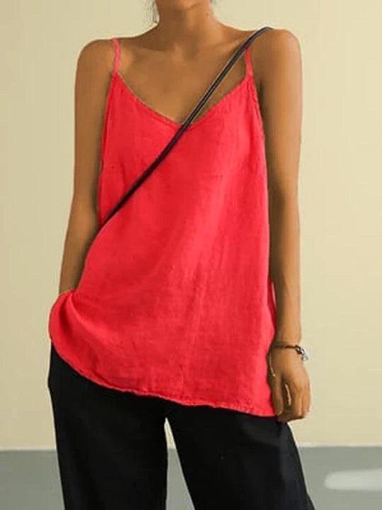 Willow | Women's Linen V-Neck Spaghetti Strap Cami Top, Lightweight Summer Top for Holidays and Casual Wear, Lightweight Summer Top for Holidays and Casual Wear - Red