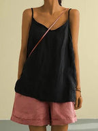 Willow | Women's Linen V-Neck Spaghetti Strap Cami Top, Lightweight Summer Top for Holidays and Casual Wear, Lightweight Summer Top for Holidays and Casual Wear - Black