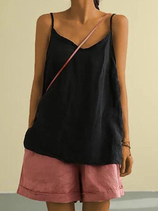 Willow | Women's Linen V-Neck Spaghetti Strap Cami Top, Lightweight Summer Top for Holidays and Casual Wear, Lightweight Summer Top for Holidays and Casual Wear - Black