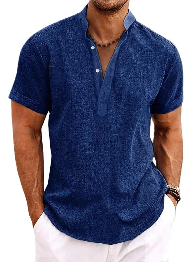 Xavier | Men's Short-Sleeve Shirt with Stand Collar, Relaxed-Fit Casual Shirt | Direct Attire