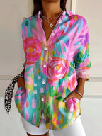 Zali | Women's Floral Button-Down Blouse, Long-Sleeve Printed Top | Direct Attire | Pink
