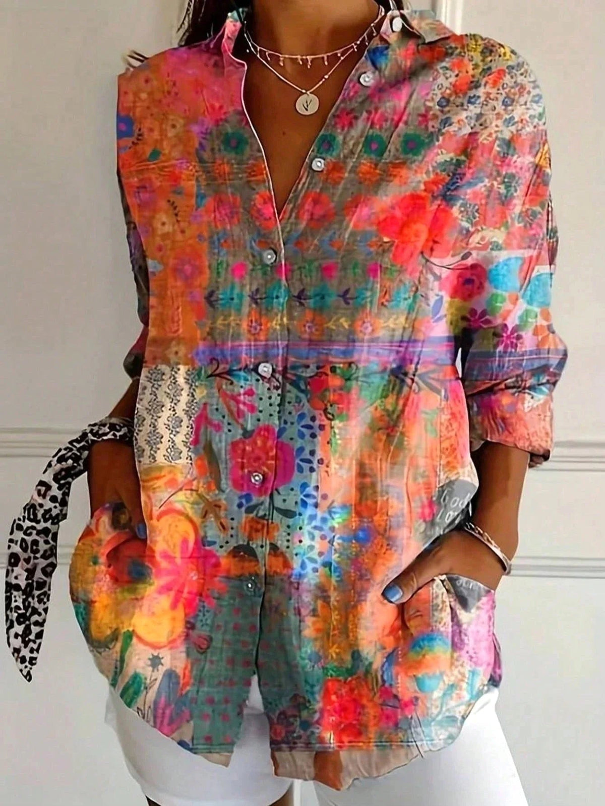 Zali | Women's Floral Button-Down Blouse, Long-Sleeve Printed Top | Direct Attire | Orange