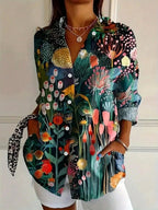 Zali | Women's Floral Button-Down Blouse, Long-Sleeve Printed Top | Direct Attire | Green
