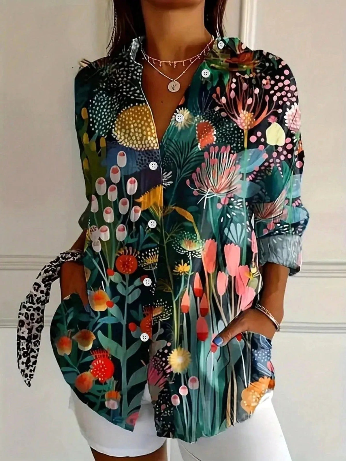 Zali | Women's Floral Button-Down Blouse, Long-Sleeve Printed Top | Direct Attire | Green
