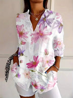 Zali | Women's Floral Button-Down Blouse, Long-Sleeve Printed Top | Direct Attire | White