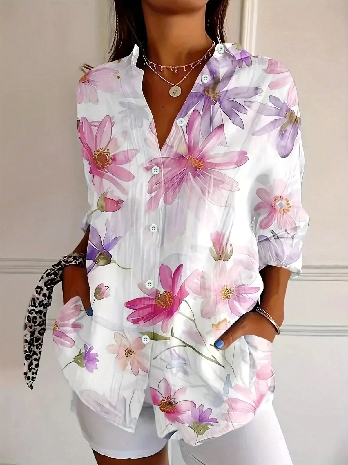 Zali | Women's Floral Button-Down Blouse, Long-Sleeve Printed Top | Direct Attire | White
